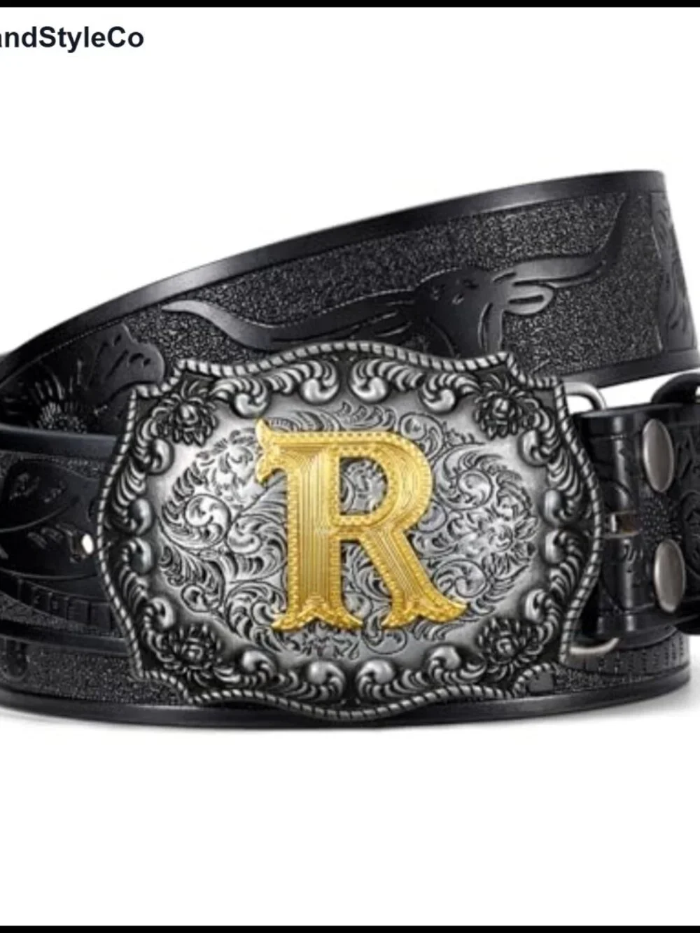 Western Cowboy Belt with Initial Letter Buckle PU Leather Engraved Belt for Men
